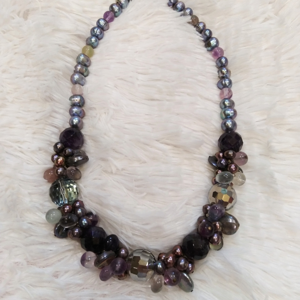 Genuine Pearl Amethyst Crystal Gemstone Necklace - Picture 2 of 10